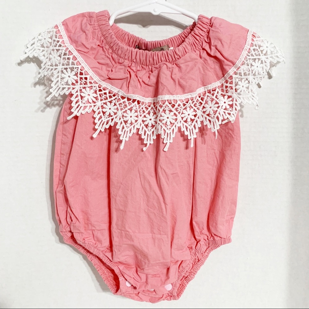 RoryChen Baby & Kids One Piece Cotton Romper Snaps Lace and Elastic Neckline 🩷
